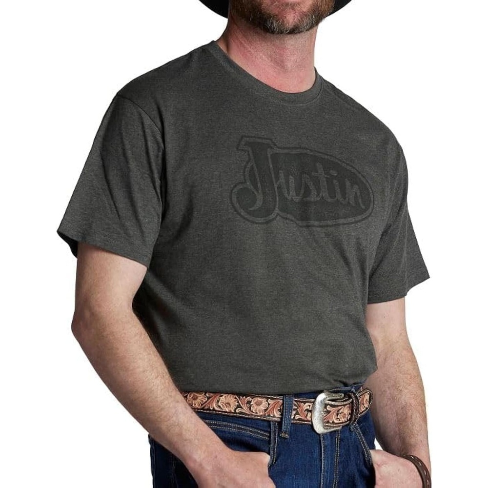 image:imageJustin Logo Tee for Men Comfortable Western Style TShirt Soft CottonPolyester Blend Tagless Neck Everyday WearCharcoal Grey